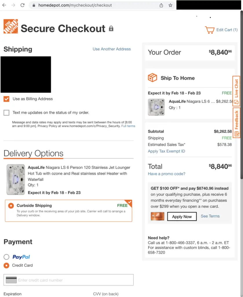 Hot Tub Checkout Page at Home Depot